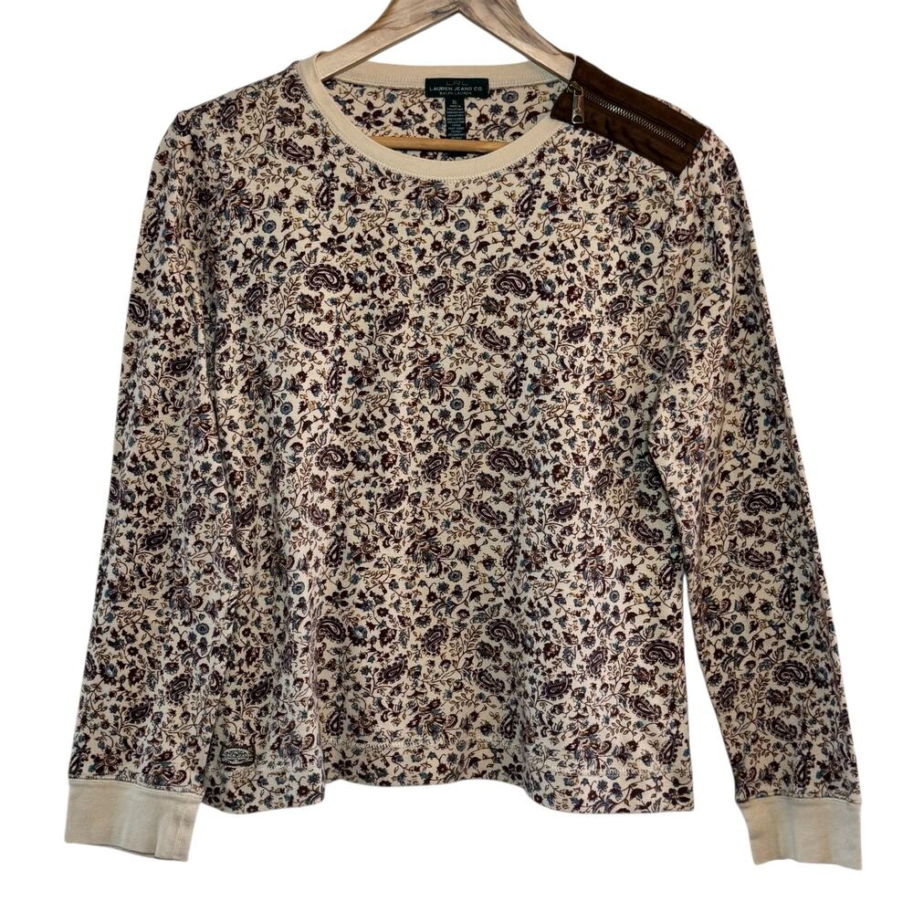Lauren Jeans Co Ralph Paisley Floral Print Elbow Patches Zipper Collar XL Shirt